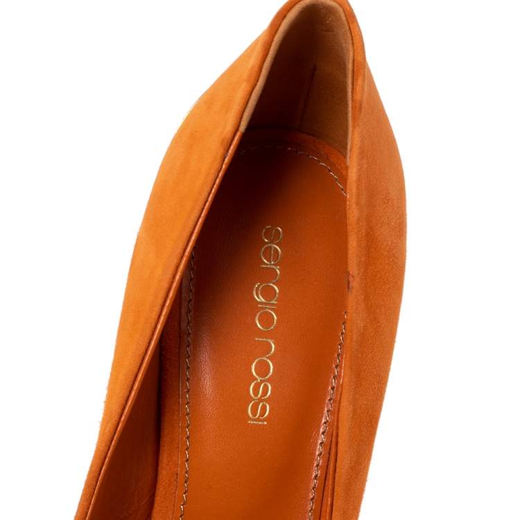 Pre Owned Sergio Rossi Orange Suede  Peep Toe Golden Heel Pumps Size 38