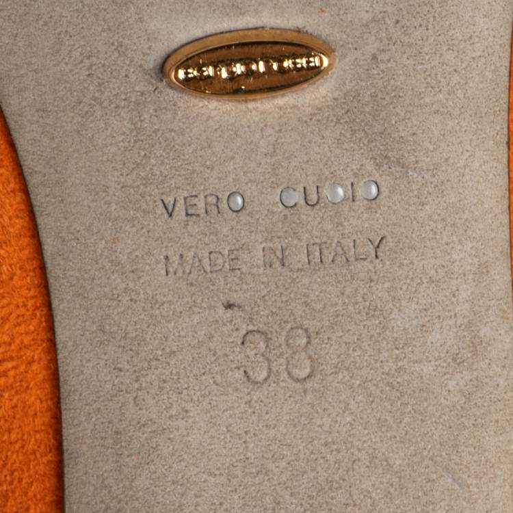 Pre Owned Sergio Rossi Orange Suede  Peep Toe Golden Heel Pumps Size 38