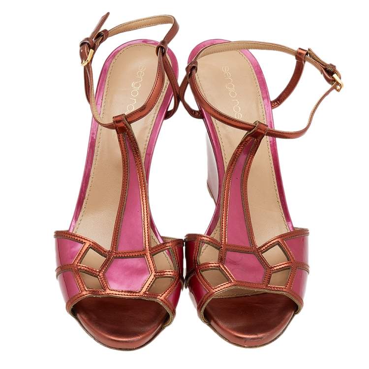 Pre Owned Sergio Rossi Pink/Metallic Bronze Patent And Leather Wedge Ankle Strap Sandals Size 38