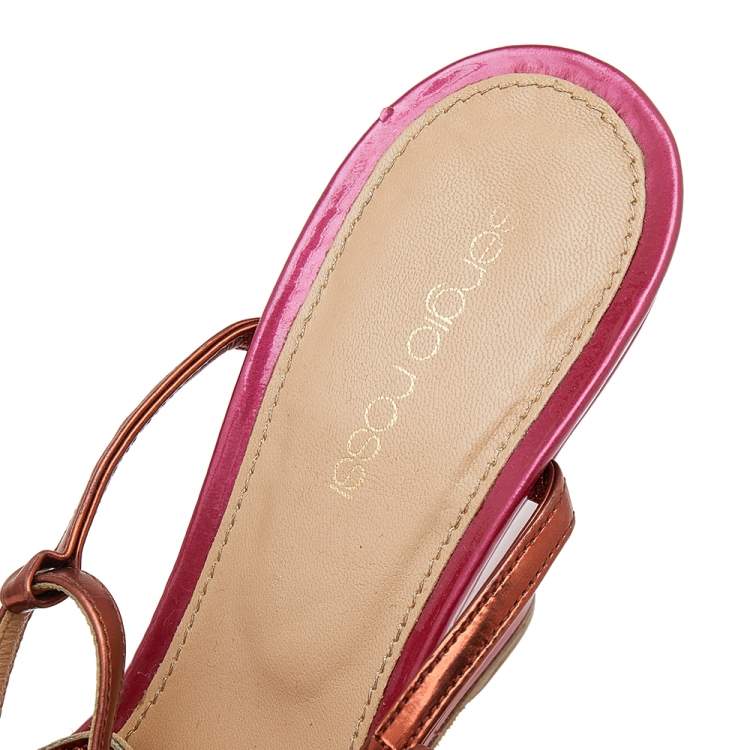 Pre Owned Sergio Rossi Pink/Metallic Bronze Patent And Leather Wedge Ankle Strap Sandals Size 38