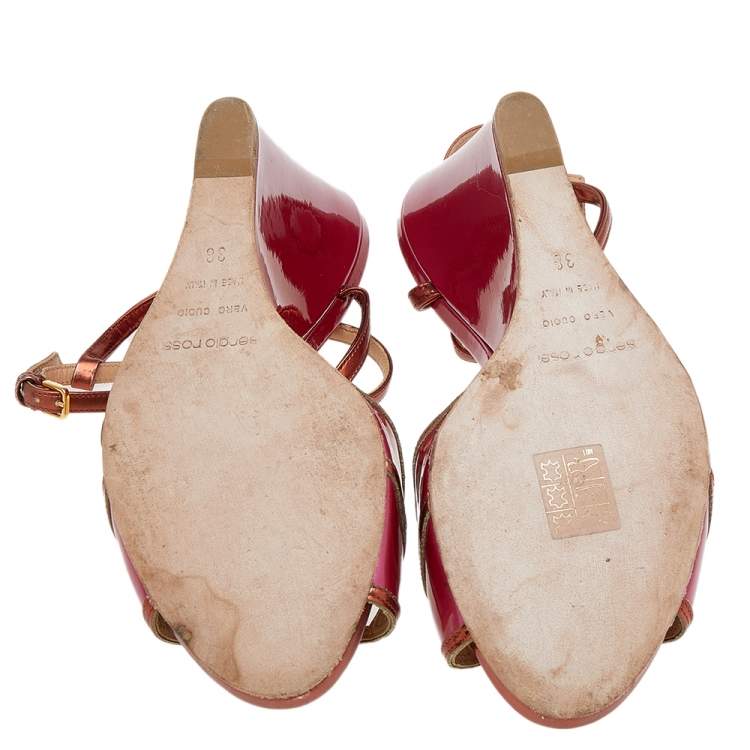 Pre Owned Sergio Rossi Pink/Metallic Bronze Patent And Leather Wedge Ankle Strap Sandals Size 38