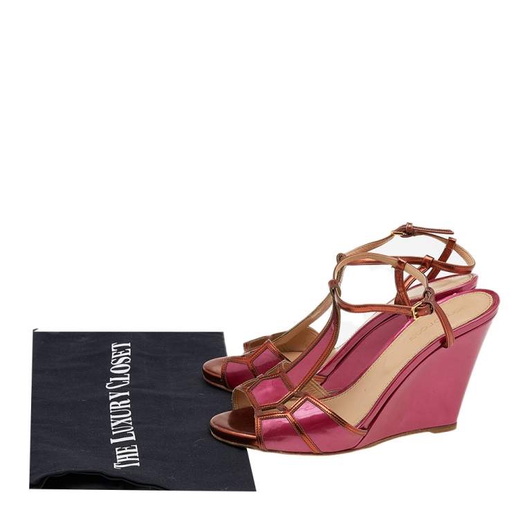 Pre Owned Sergio Rossi Pink/Metallic Bronze Patent And Leather Wedge Ankle Strap Sandals Size 38