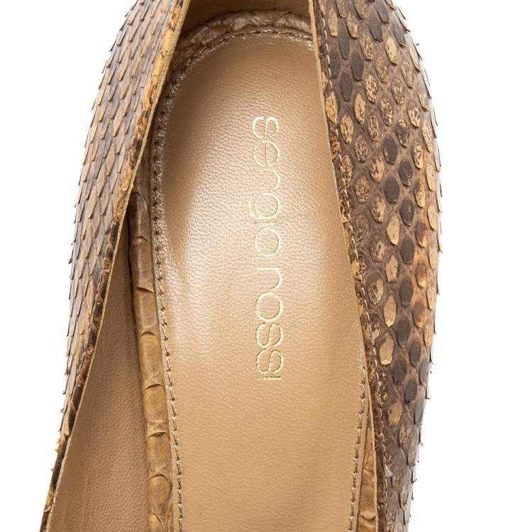 Pre Owned Sergio Rossi Brown/Beige Python Leather Peep Toe Platform Pumps Size 38