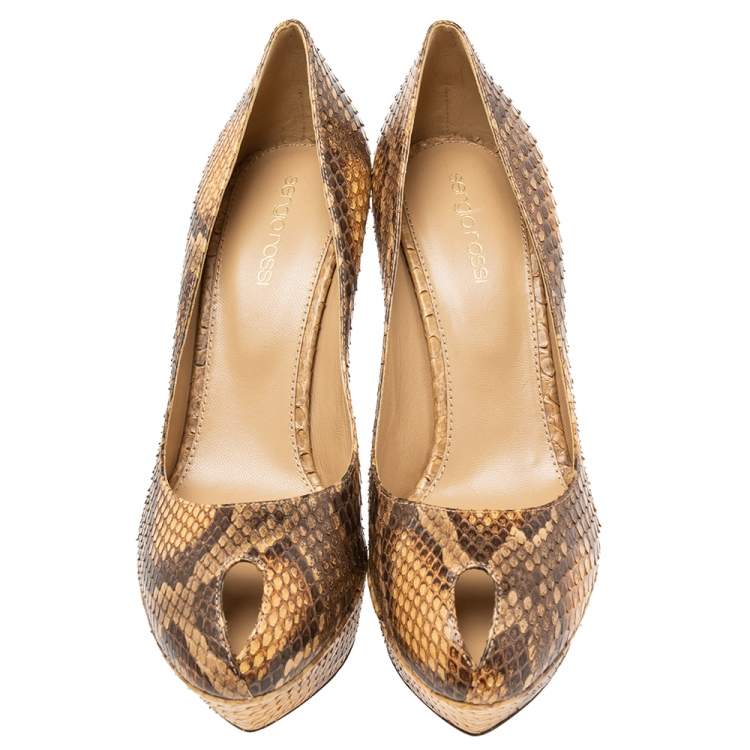 Pre Owned Sergio Rossi Brown/Beige Python Leather Peep Toe Platform Pumps Size 38
