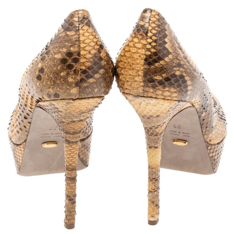 Pre Owned Sergio Rossi Brown/Beige Python Leather Peep Toe Platform Pumps Size 38