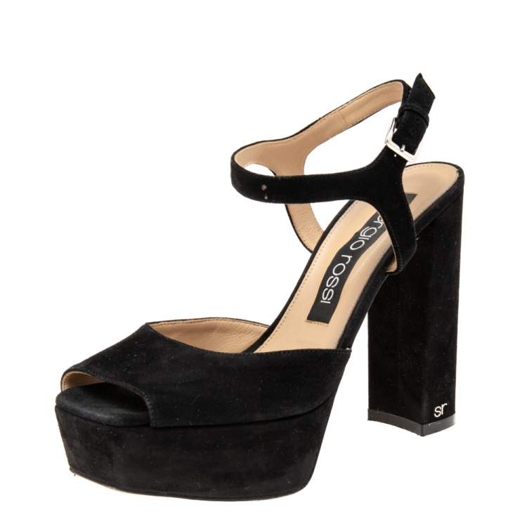 Pre Owned Sergio Rossi Black Suede Peep Toe Ankle Strap Sandals Size 38.5 