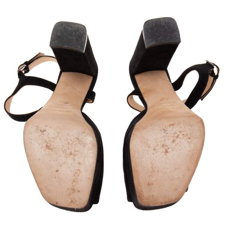 Pre Owned Sergio Rossi Black Suede Peep Toe Ankle Strap Sandals Size 38.5 