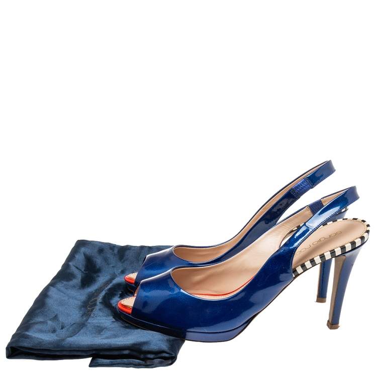 Pre Owned Sergio Rossi Blue Patent Leather Slingback Peep Toe Platform Sandals Size 38