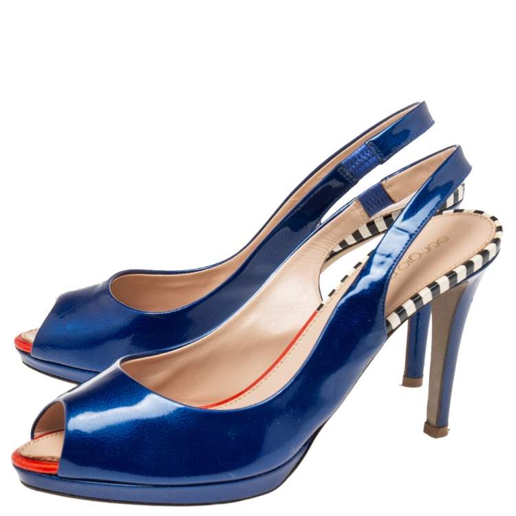Pre Owned Sergio Rossi Blue Patent Leather Slingback Peep Toe Platform Sandals Size 38