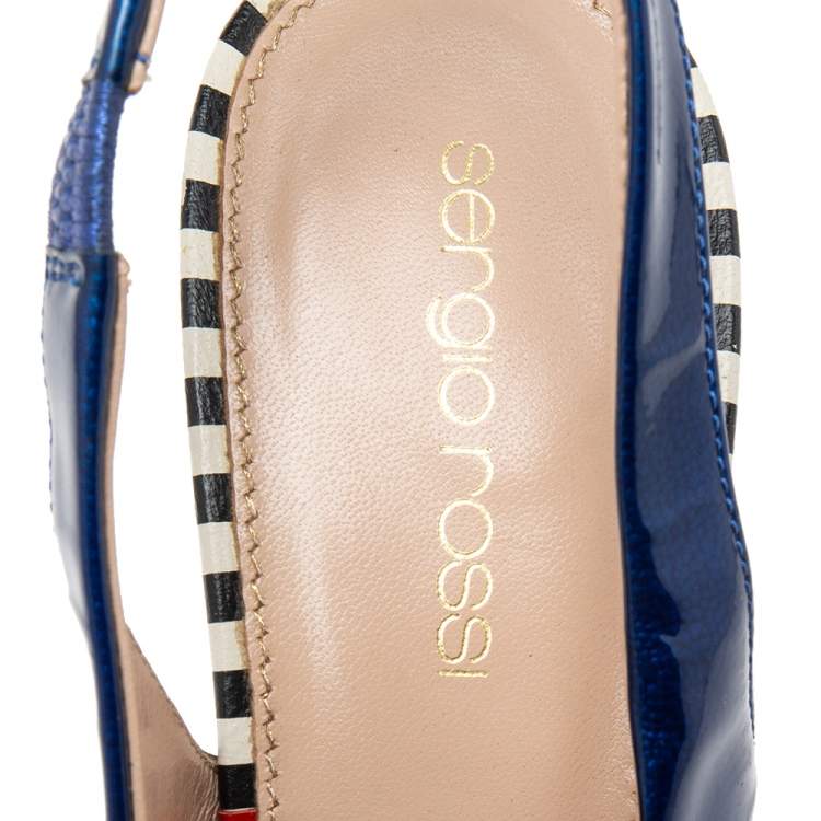Pre Owned Sergio Rossi Blue Patent Leather Slingback Peep Toe Platform Sandals Size 38