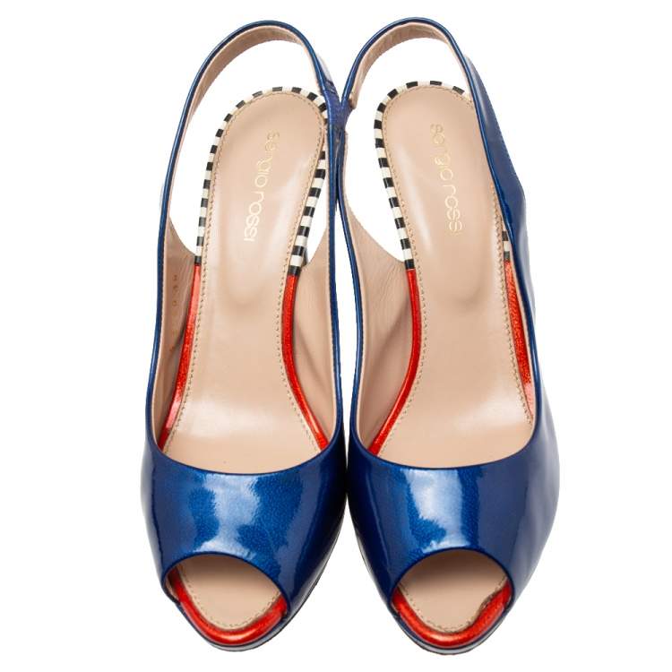 Pre Owned Sergio Rossi Blue Patent Leather Slingback Peep Toe Platform Sandals Size 38