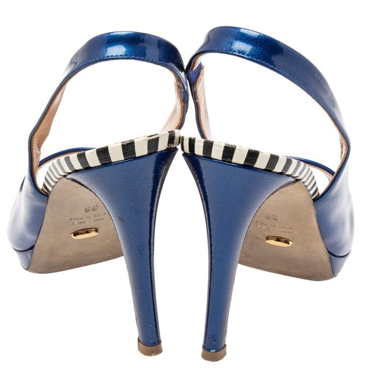 Pre Owned Sergio Rossi Blue Patent Leather Slingback Peep Toe Platform Sandals Size 38