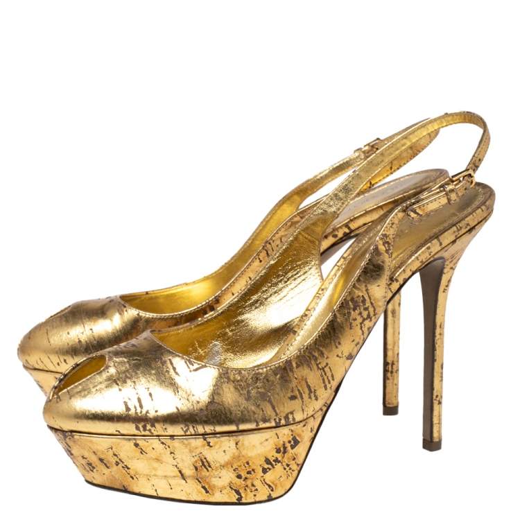 Pre Owned Sergio Rossi Gold Leather Cachet Peep-Toe Platform Slingback Pumps Size 38.5