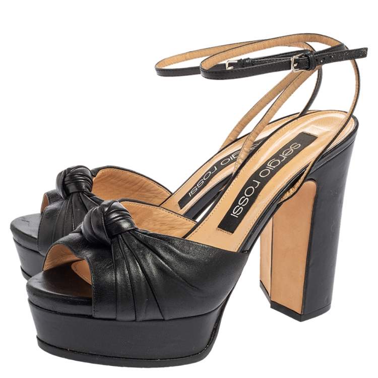 Pre Owned Sergio Rossi Black Leather Knotted Platform Ankle Strap Sandals Size 38.5