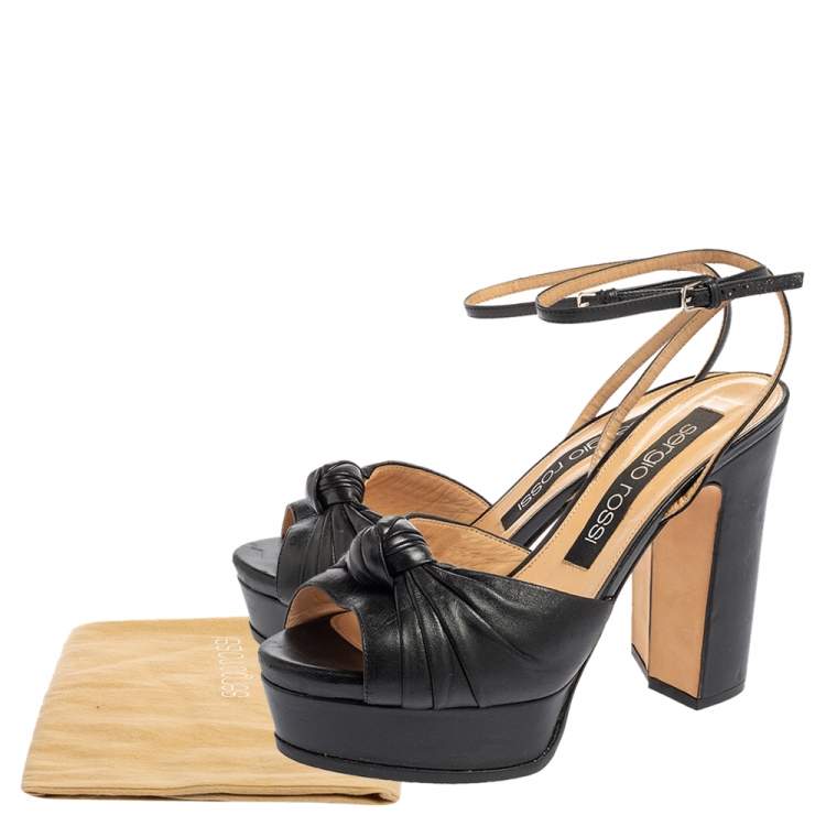Pre Owned Sergio Rossi Black Leather Knotted Platform Ankle Strap Sandals Size 38.5