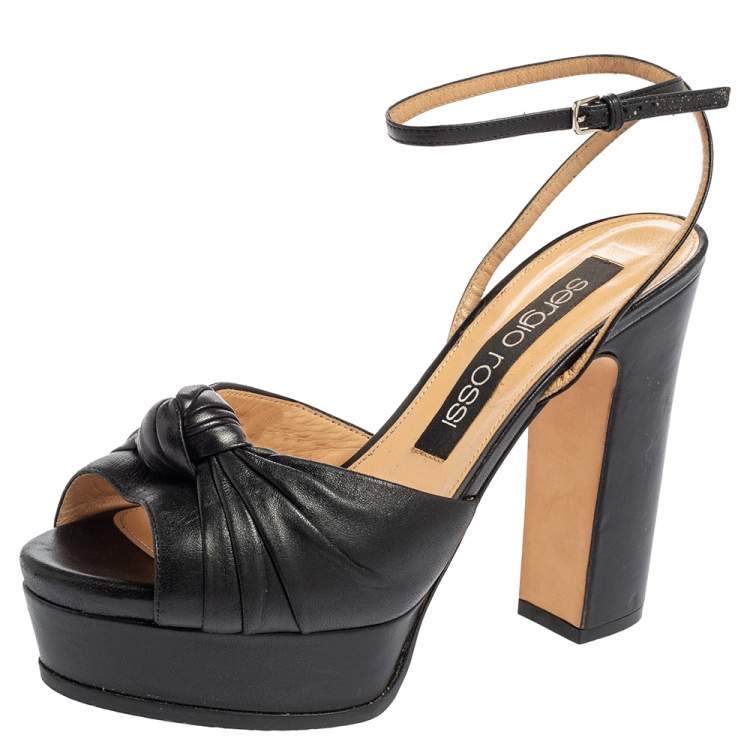 Pre Owned Sergio Rossi Black Leather Knotted Platform Ankle Strap Sandals Size 38.5