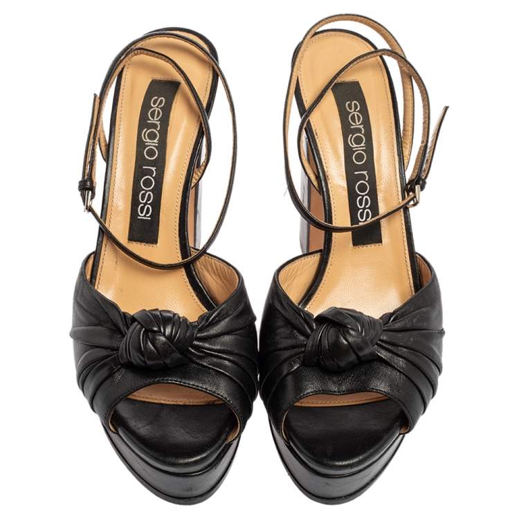 Pre Owned Sergio Rossi Black Leather Knotted Platform Ankle Strap Sandals Size 38.5