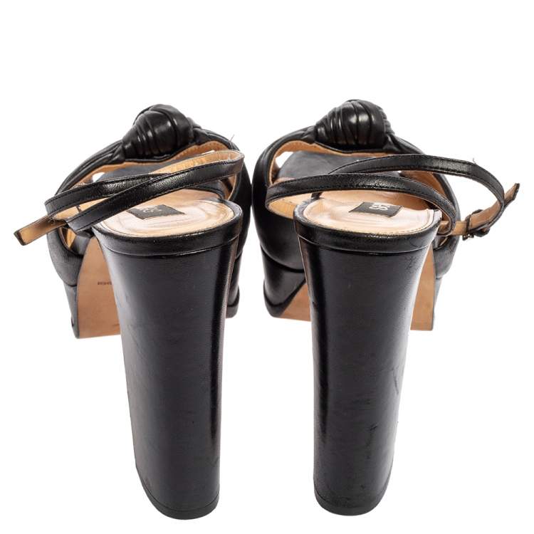 Pre Owned Sergio Rossi Black Leather Knotted Platform Ankle Strap Sandals Size 38.5