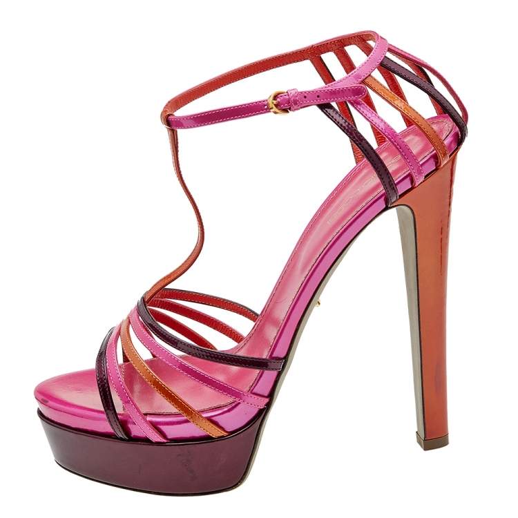 Pre Owned Sergio Rossi Multicolor Patent Leather T-Strap Platform Sandals Size 40