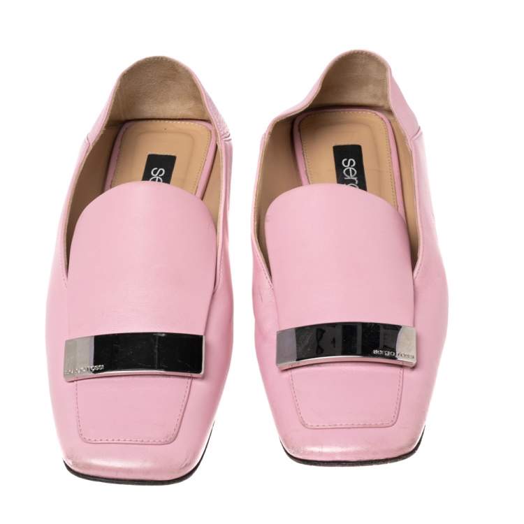 Pre Owned Sergio Rossi Pink Leather Embellished Slip On Loafers Size 36