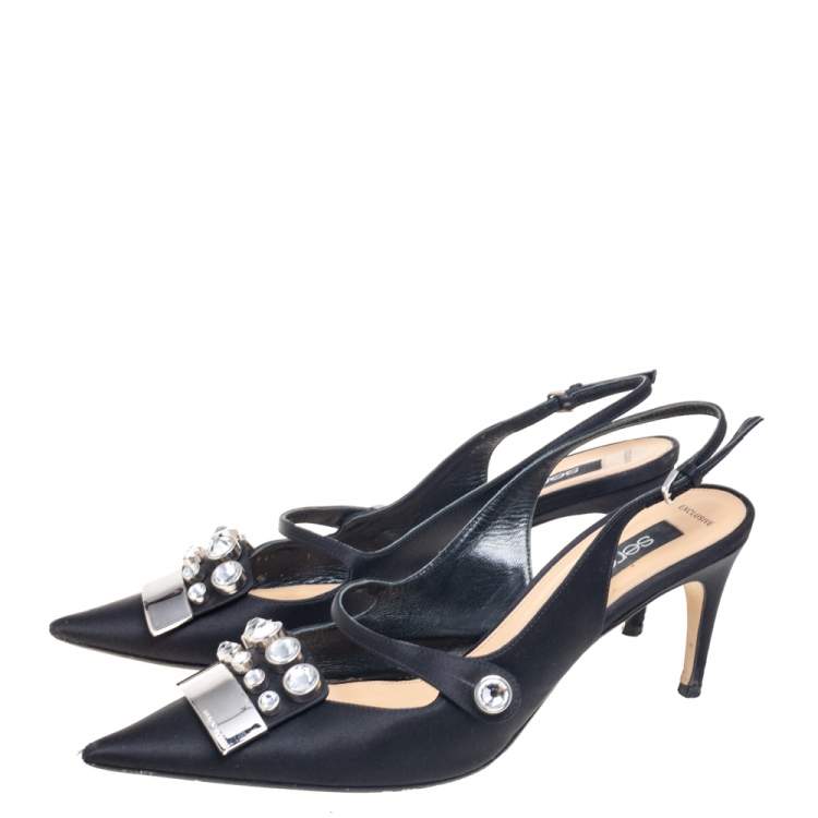Pre Owned Sergio Rossi Black Satin Crystal Embellished Slingback Pumps Size 41