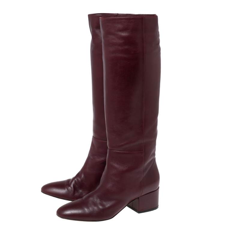 Pre Owned Sergio Rossi Burgundy Leather Knee Length Boots Size 37