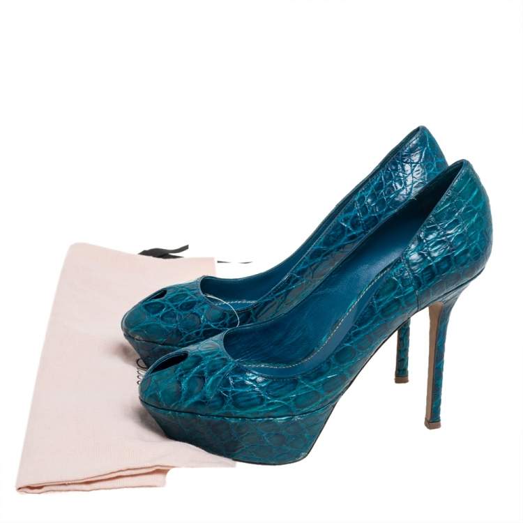 Pre Owned Sergio Rossi Blue Alligator Leather Peep Toe Platform Pumps Size 38