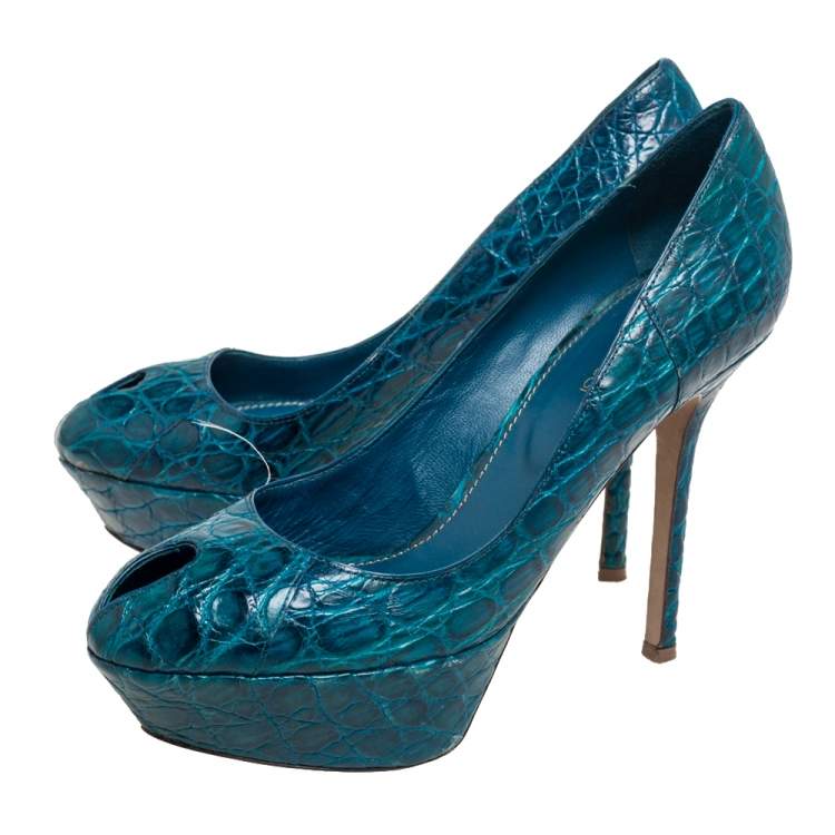 Pre Owned Sergio Rossi Blue Alligator Leather Peep Toe Platform Pumps Size 38