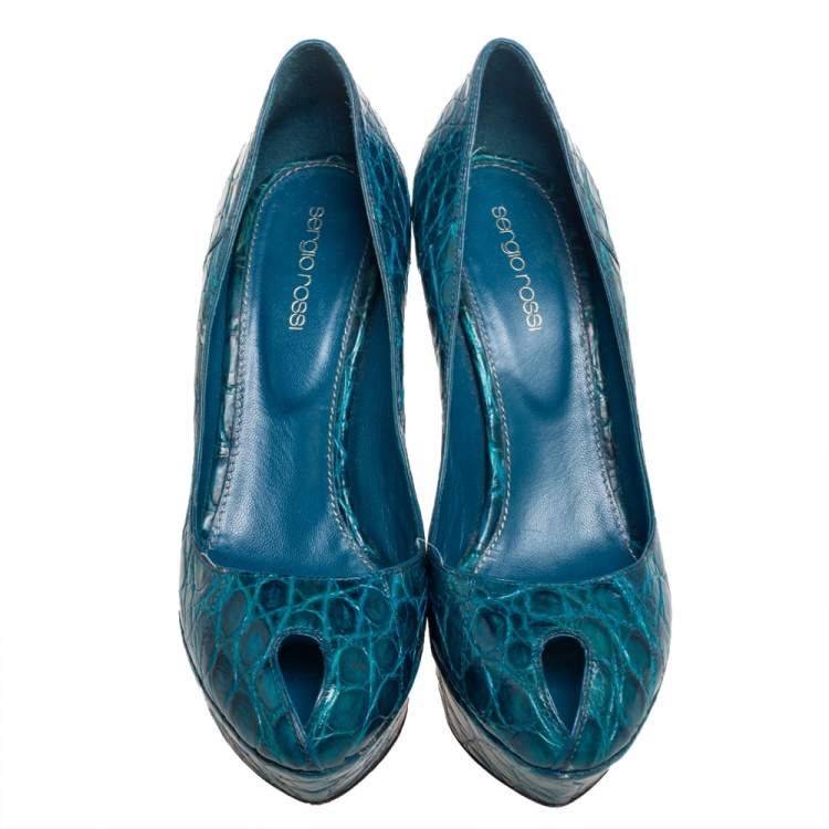 Pre Owned Sergio Rossi Blue Alligator Leather Peep Toe Platform Pumps Size 38