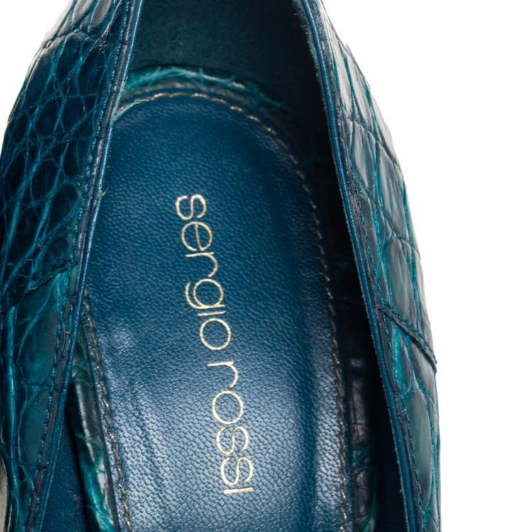 Pre Owned Sergio Rossi Blue Alligator Leather Peep Toe Platform Pumps Size 38