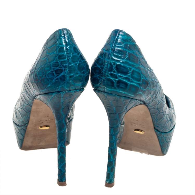 Pre Owned Sergio Rossi Blue Alligator Leather Peep Toe Platform Pumps Size 38