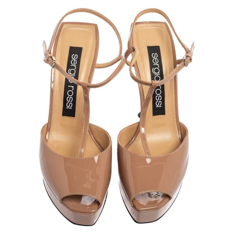Pre Owned Sergio Rossi Nude Pink Patent Leather T-Strap Platform Peep-Toe Sandals Size 38.5