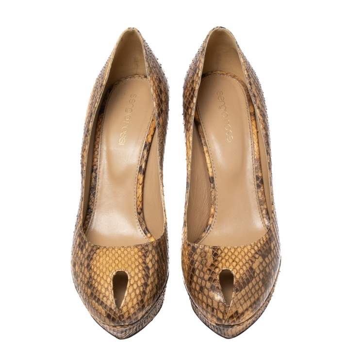 Pre Owned Sergio Rossi Beige/Brown Python Leather Cachet Platform Pumps Size 38