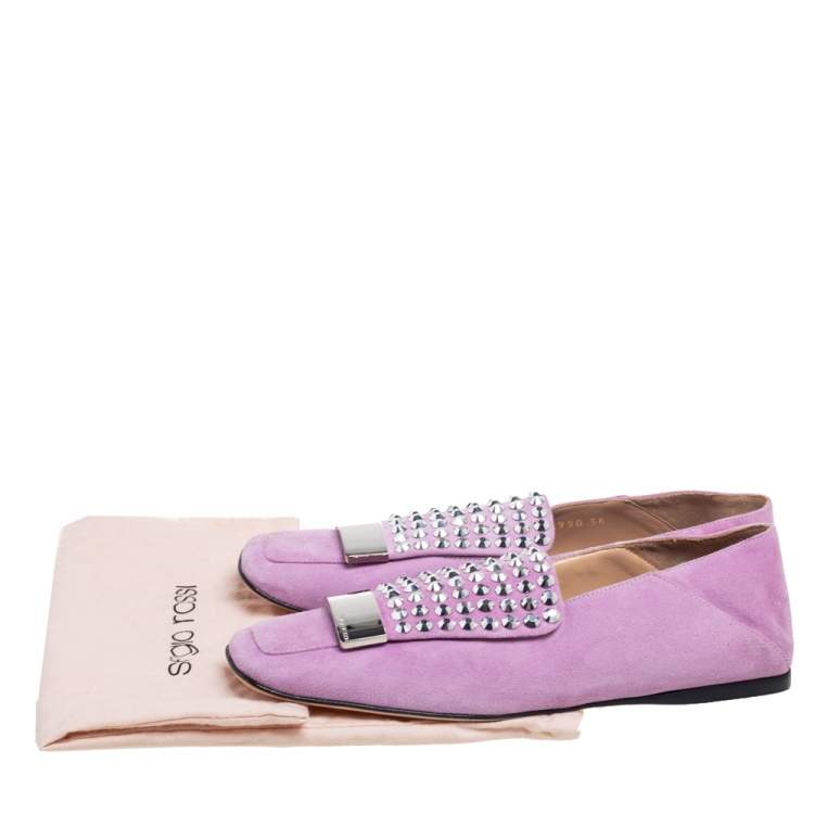 Pre Owned Sergio Rossi Lilac Studded Suede Collapsible Heel Loafers Size 36