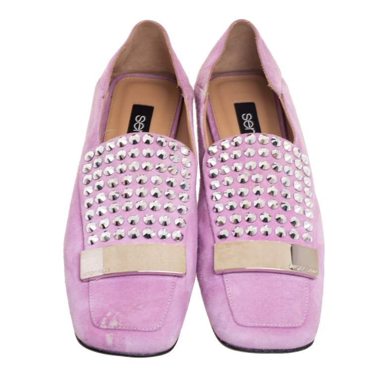 Pre Owned Sergio Rossi Lilac Studded Suede Collapsible Heel Loafers Size 36