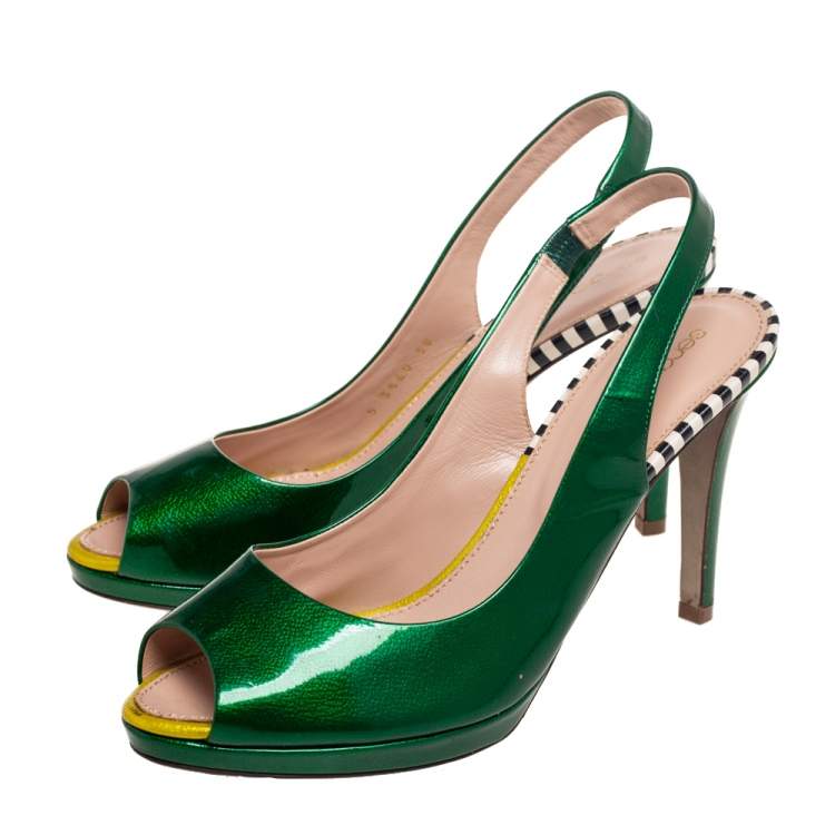 Pre Owned Sergio Rossi Green Patent Leather Peep-Toe Platform Slingback Pumps Size 38
