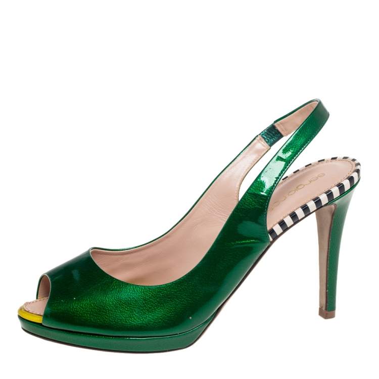Pre Owned Sergio Rossi Green Patent Leather Peep-Toe Platform Slingback Pumps Size 38
