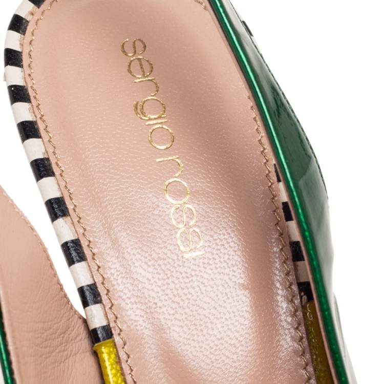 Pre Owned Sergio Rossi Green Patent Leather Peep-Toe Platform Slingback Pumps Size 38