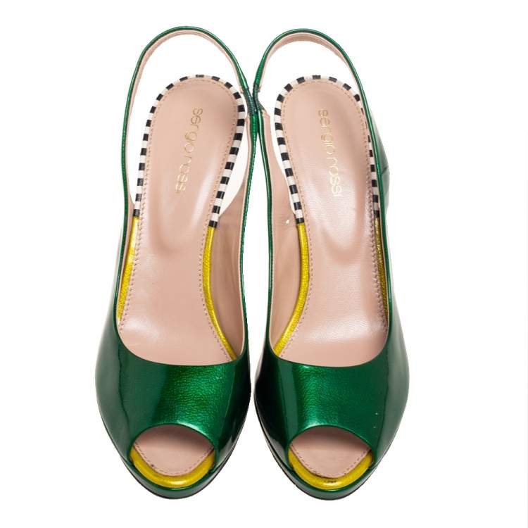 Pre Owned Sergio Rossi Green Patent Leather Peep-Toe Platform Slingback Pumps Size 38