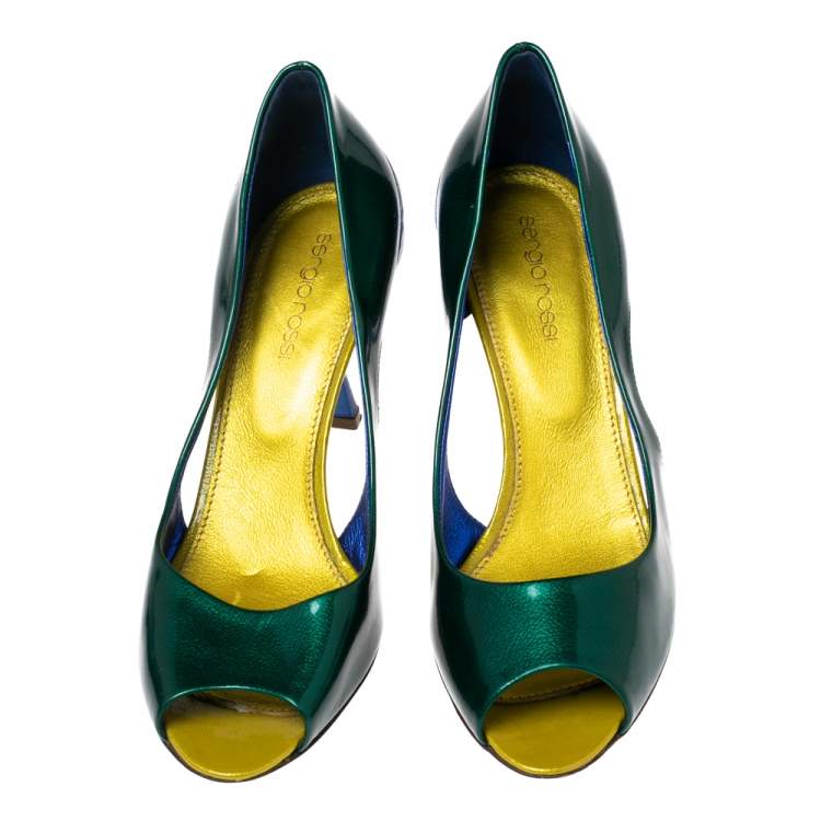 Pre Owned Sergio Rossi Green/Blue Patent Leather Peep Toe Pumps Size 38
