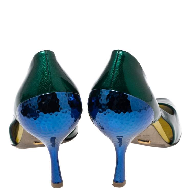 Pre Owned Sergio Rossi Green/Blue Patent Leather Peep Toe Pumps Size 38