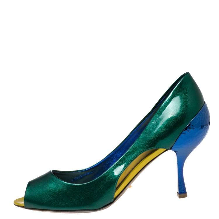 Pre Owned Sergio Rossi Green/Blue Patent Leather Peep Toe Pumps Size 38