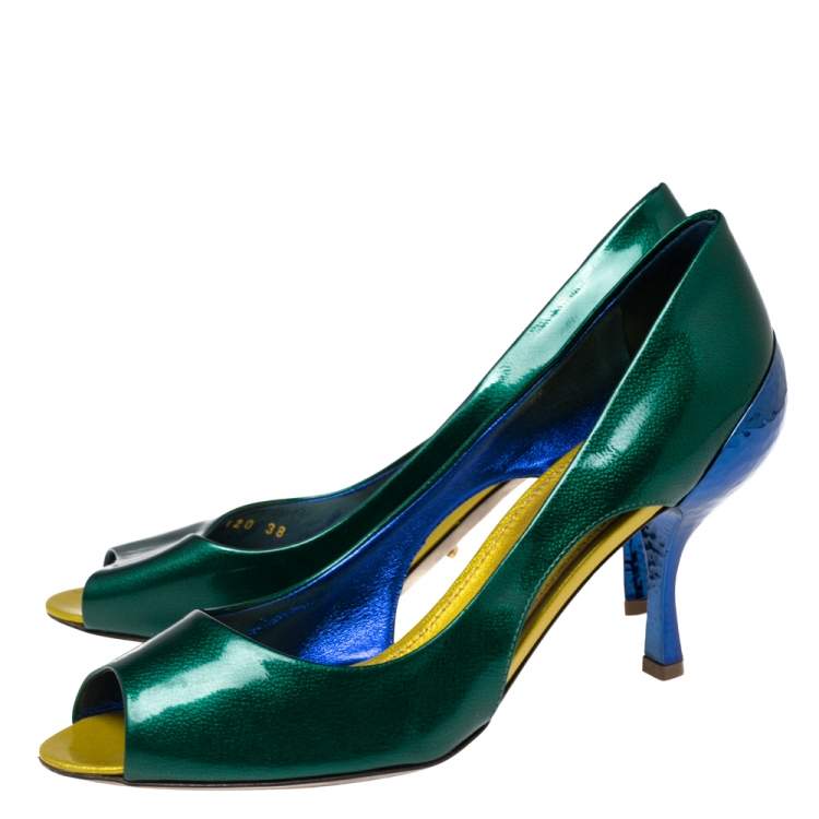Pre Owned Sergio Rossi Green/Blue Patent Leather Peep Toe Pumps Size 38