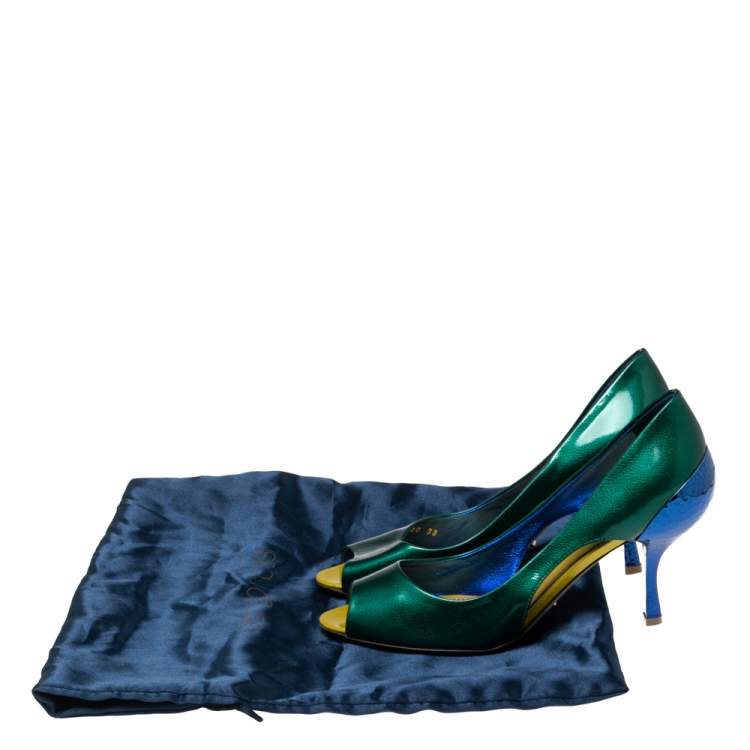 Pre Owned Sergio Rossi Green/Blue Patent Leather Peep Toe Pumps Size 38