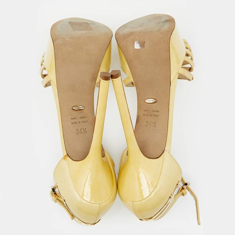 Pre Owned Sergio Rossi Cream Patent Leather Embellished Strappy Platform Sandals Size 36.5