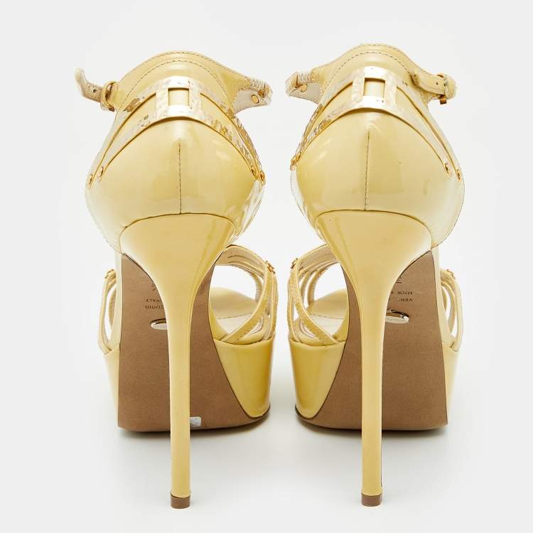 Pre Owned Sergio Rossi Cream Patent Leather Embellished Strappy Platform Sandals Size 36.5