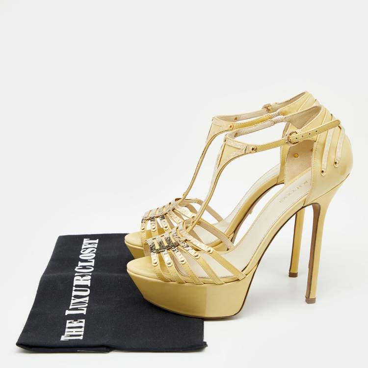 Pre Owned Sergio Rossi Cream Patent Leather Embellished Strappy Platform Sandals Size 36.5