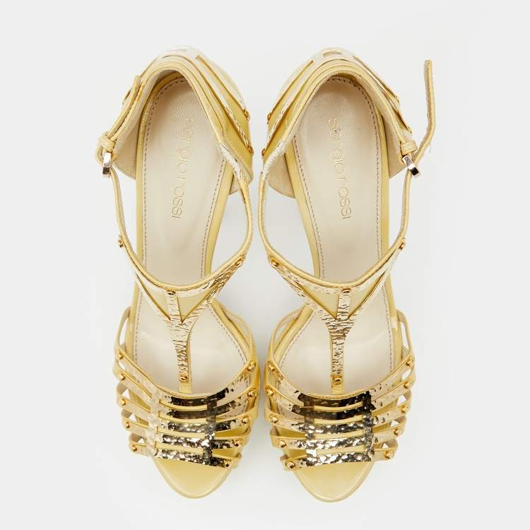 Pre Owned Sergio Rossi Cream Patent Leather Embellished Strappy Platform Sandals Size 36.5