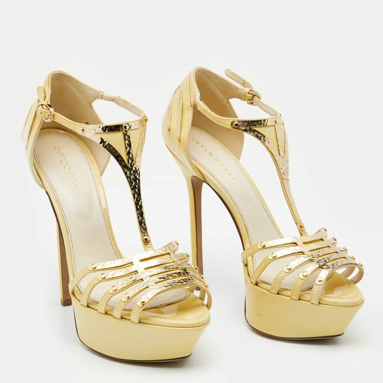 Pre Owned Sergio Rossi Cream Patent Leather Embellished Strappy Platform Sandals Size 36.5