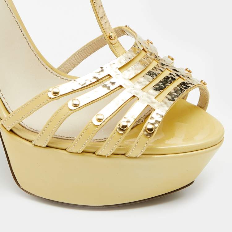 Pre Owned Sergio Rossi Cream Patent Leather Embellished Strappy Platform Sandals Size 36.5